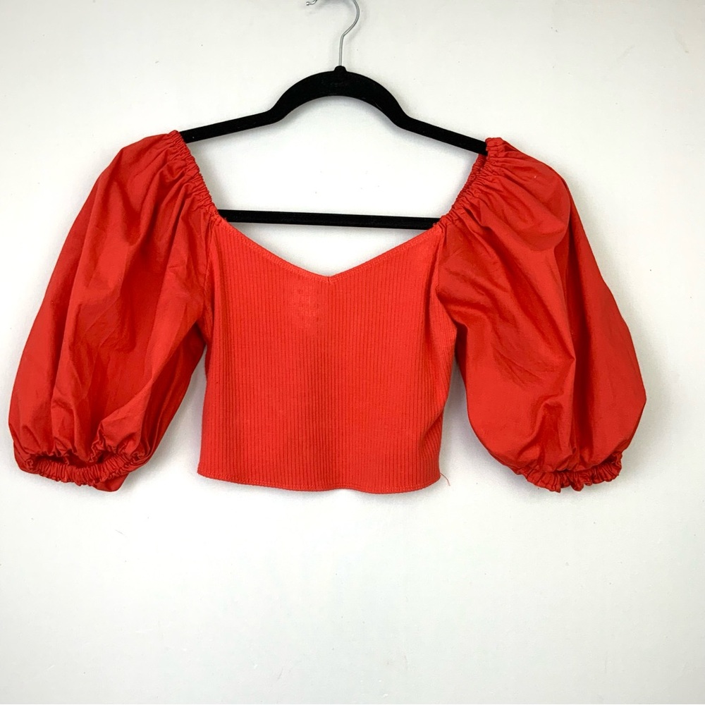 Abercrombie & Fitch Sz XS Tomato Red Puff Balloon Sleeve Crop Top Romantic
